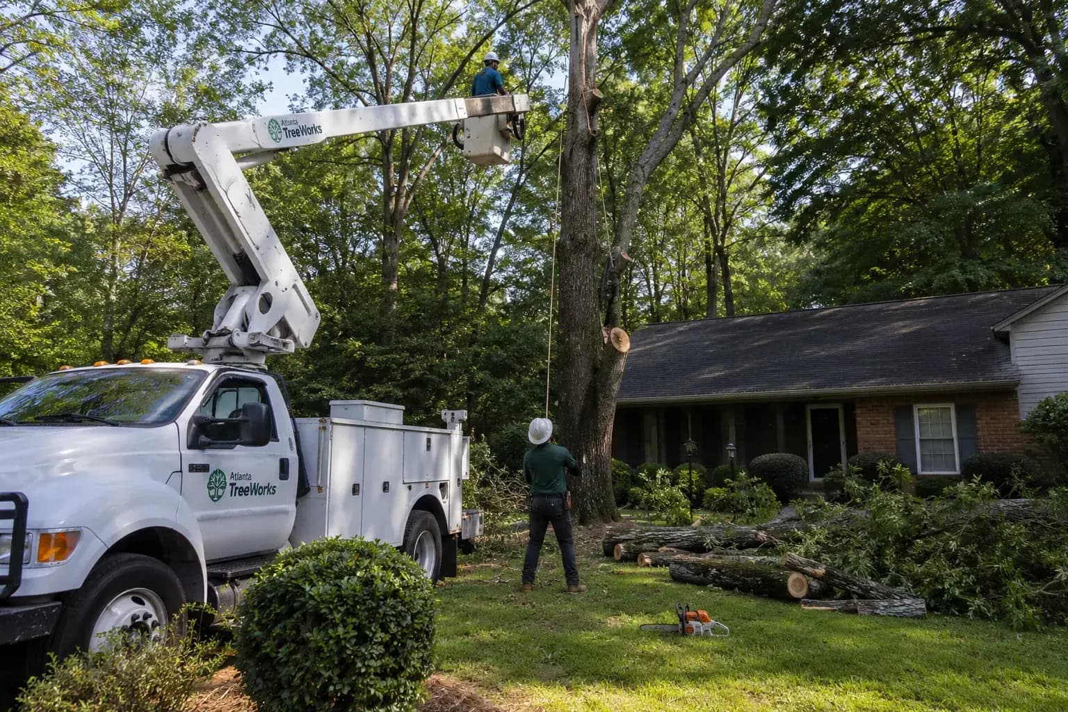 Atlanta TreeWorks crew safely removing a large mature tree from a residential property