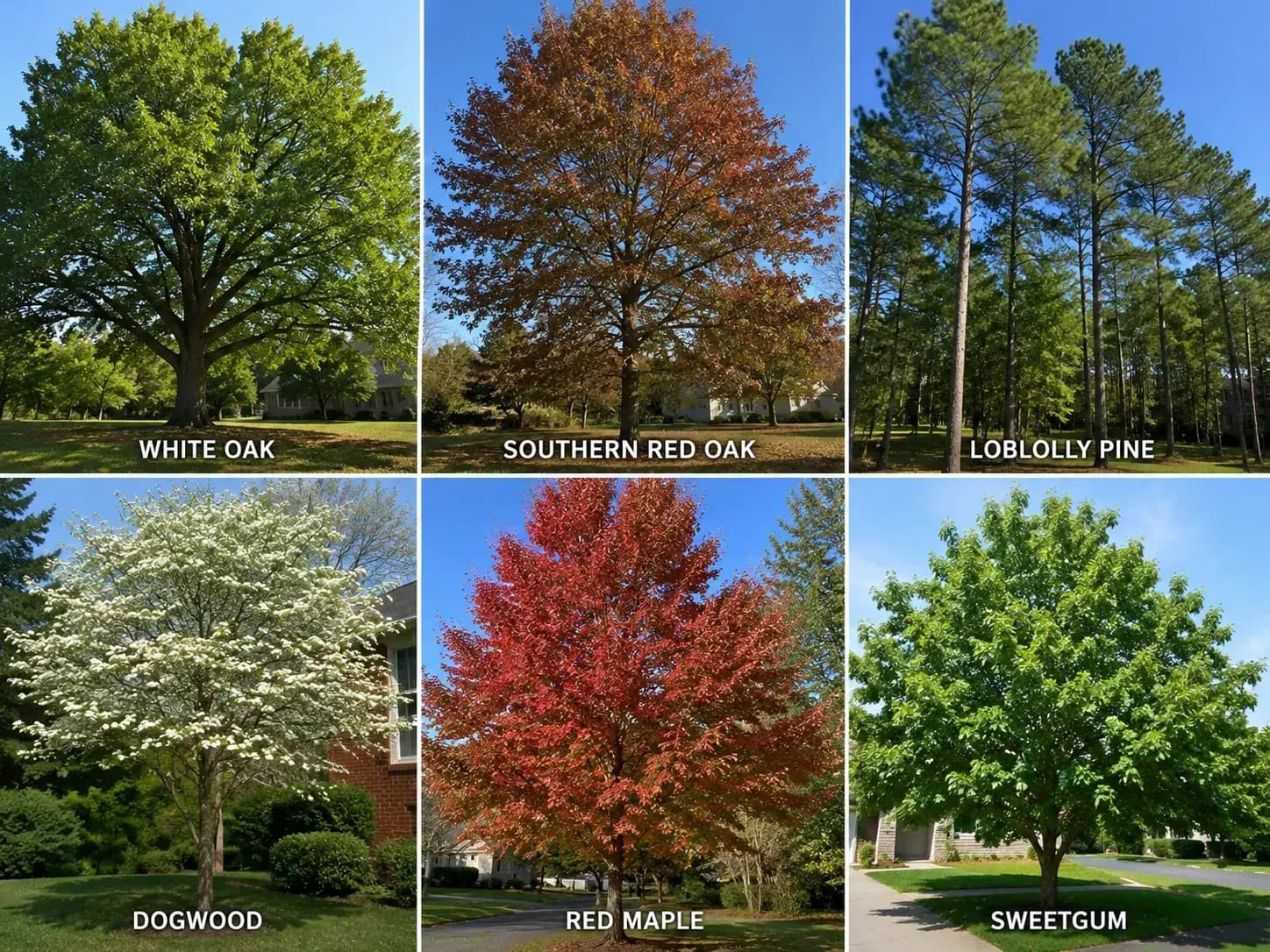 Metro Atlanta neighborhood with mature oaks, pines, maples, and a flowering dogwood
